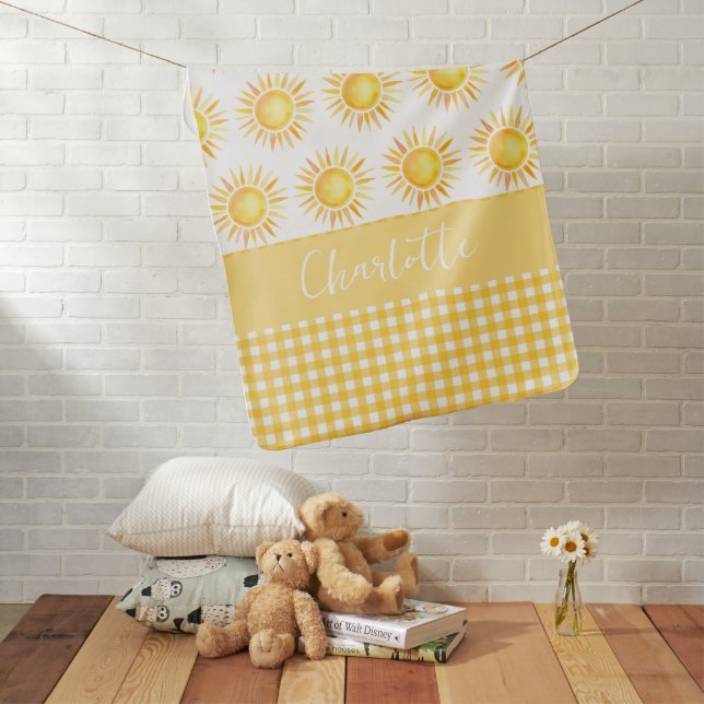 Cheerful Yellow Sunshine and Gingham Name  Baby Blanket (In Situ)