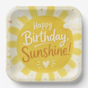 Cheerful Yellow Sunshine Happy Birthday Paper Plates