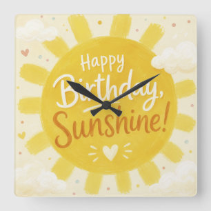 Cheerful Yellow Sunshine Happy Birthday Square Wall Clock