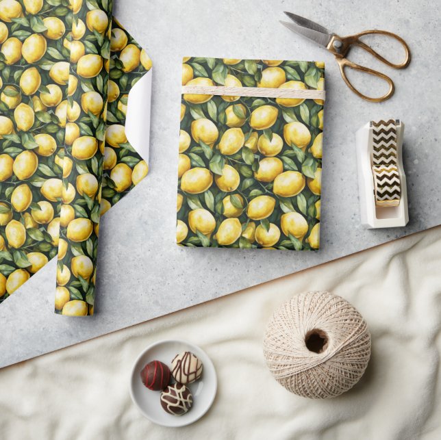 Cheerful Yellow Watercolor Lemon Illustration Wrapping Paper (Crafts)