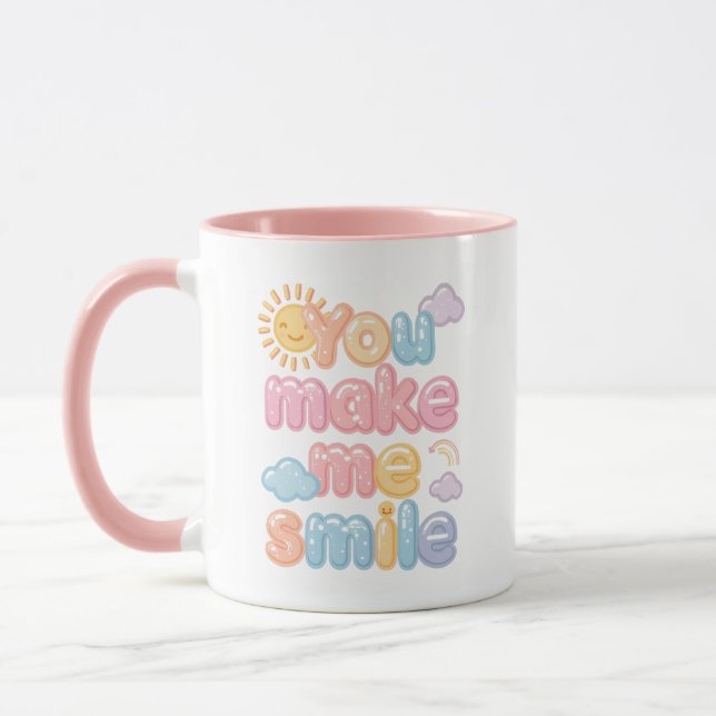 Cheerful "You Make Me Smile" Bubble Font Mug (Left)