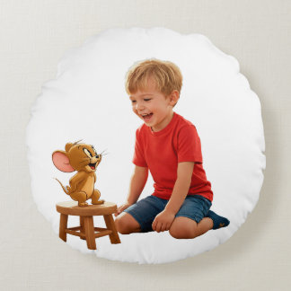 Cheerful Young Boy Interacting with Animated Jerry Round Pillow