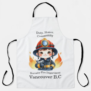 Cheerful young firefighter ready to fight apron