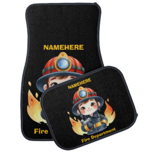 Cheerful young firefighter ready to fight car floor mat