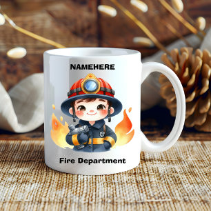 Cheerful young firefighter ready to fight coffee mug