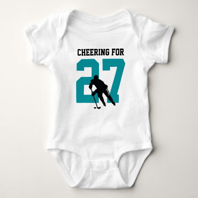 Cheering For Custom Hockey Player Number Teal Baby Bodysuit (Front)