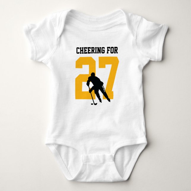 Cheering For Custom Hockey Player Number Yellow Baby Bodysuit (Front)