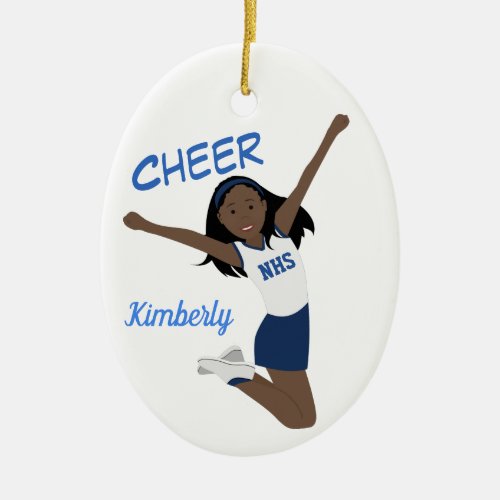 Cheerleader African American Dark Blue  White Ceramic Ornament