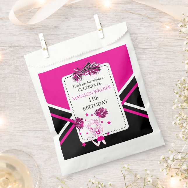 Cheerleader Birthday Party Hot Pink, Black, White Favor Bag (Clipped)