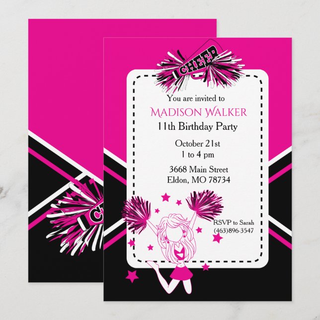 Cheerleader Birthday Party Hot Pink, Black, White Invitation (Front/Back)