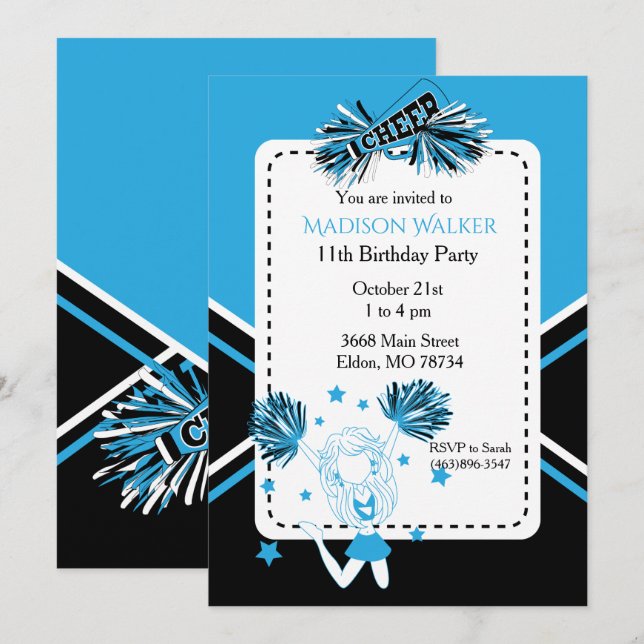 Cheerleader Birthday Party in Baby Blue Invitation (Front/Back)