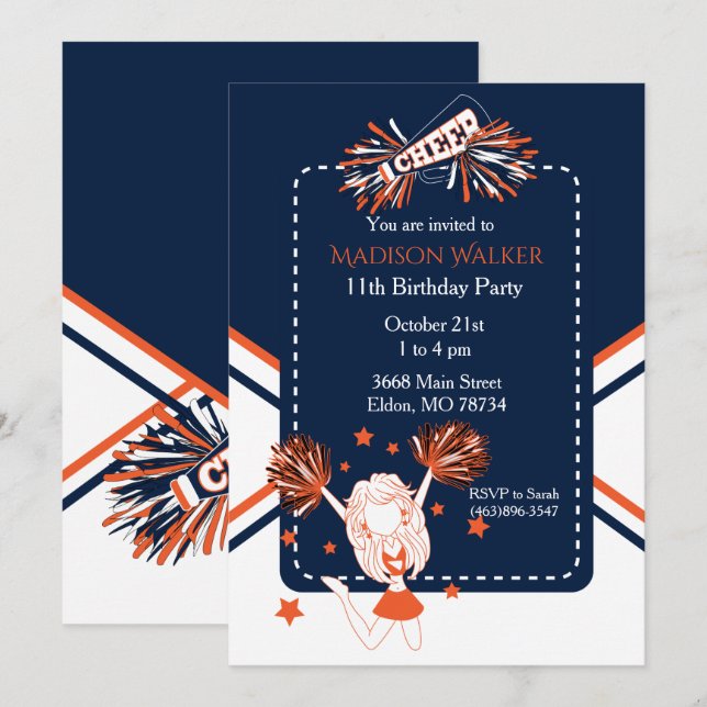 Cheerleader Birthday Party in Dark Blue & Orange Invitation (Front/Back)