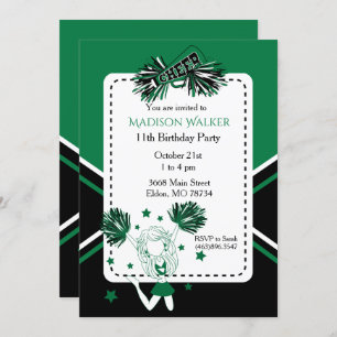 Cheerleader Birthday Party in Green Invitation