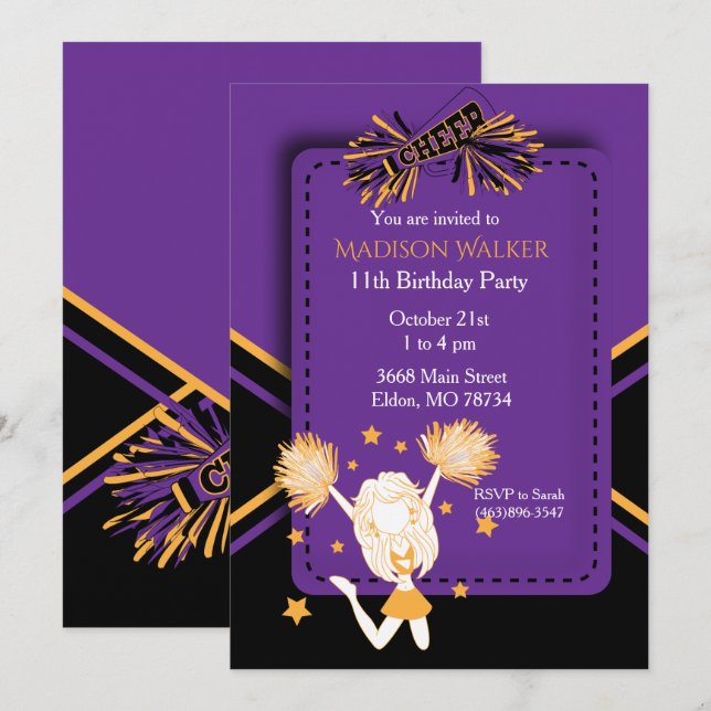Cheerleader Birthday Party in Purple & Gold Invitation (Front/Back)
