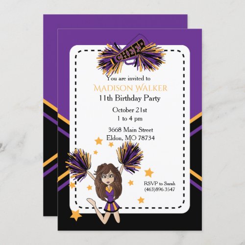 Cheerleader Birthday Party in Purple  Gold Invitation