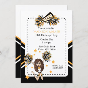 Cheerleader Birthday Party in White, Black & Gold Invitation