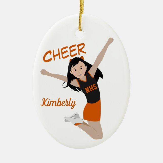 Cheerleader Black Hair Black & Orange Ceramic Ornament (Front)