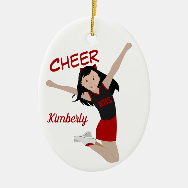 Cheerleader Black Hair Black & Red Ceramic Ornament (Front)