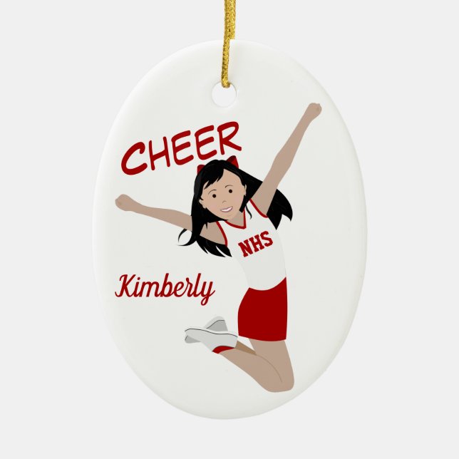 Cheerleader Black Hair Red & White Ceramic Ornament (Front)