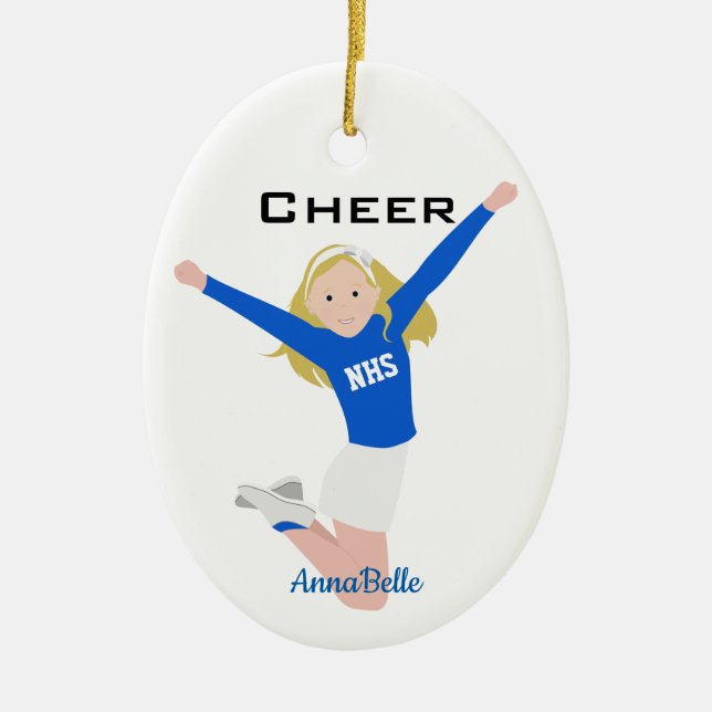 Cheerleader Blonde Blue & White Ceramic Ornament (Front)