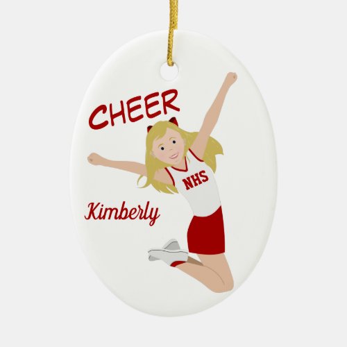Cheerleader Blonde Red  White Ceramic Ornament