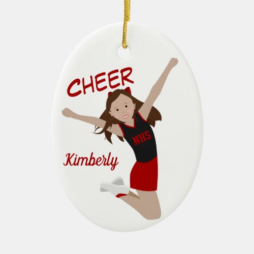 Cheerleader Brunette Black  Red Ceramic Ornament