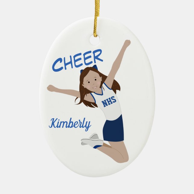 Cheerleader Brunette Dark Blue & White Ceramic Ornament (Front)