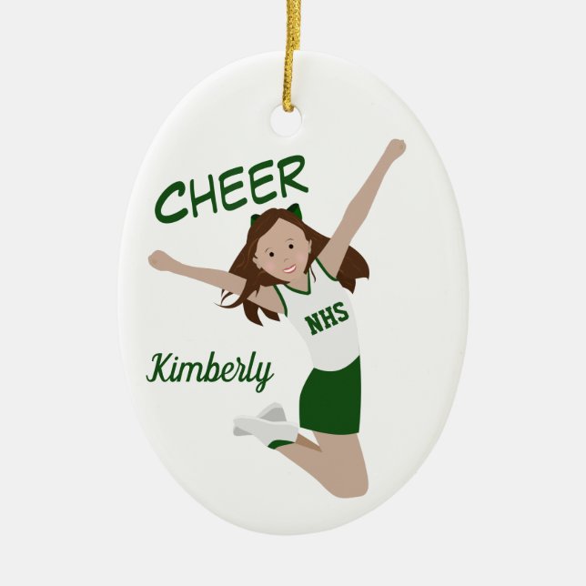 Cheerleader Brunette Green & White Ceramic Ornament (Front)