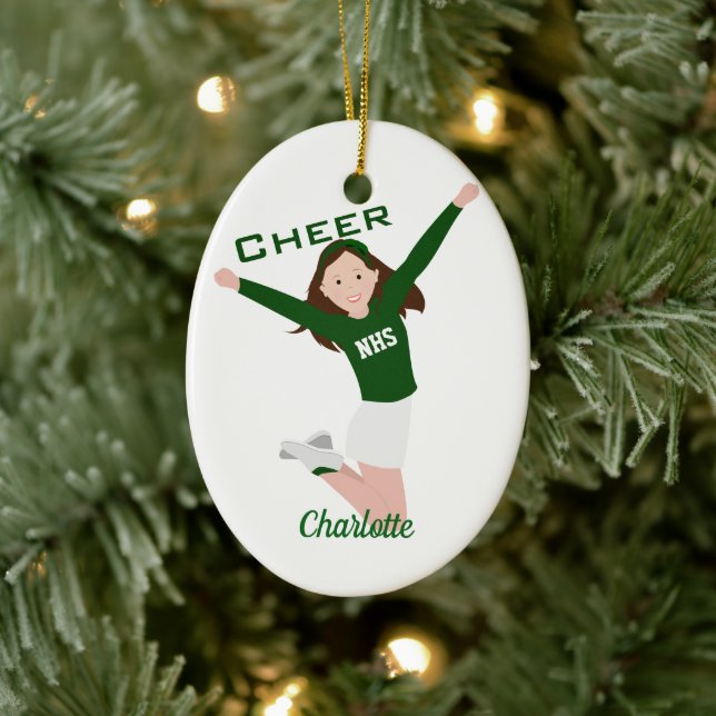 Cheerleader Brunette Green & White Ceramic Ornament (Tree)