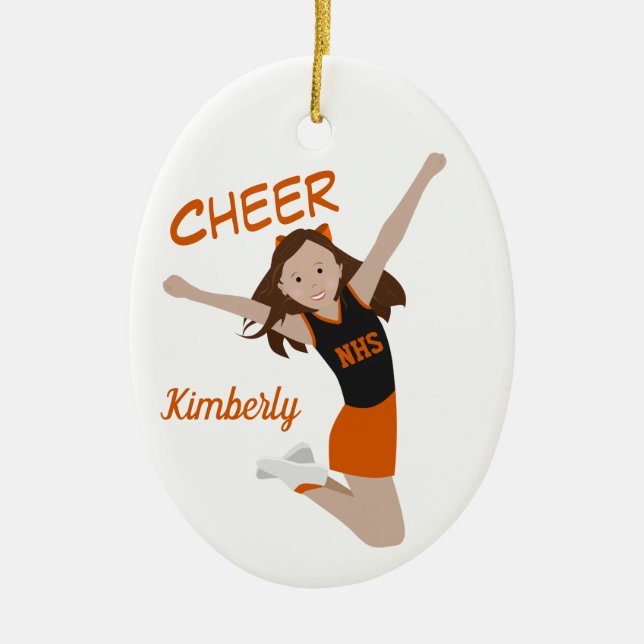 Cheerleader Brunette Orange & Black Ceramic Ornament (Front)