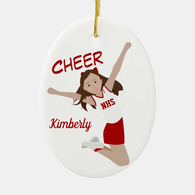 Cheerleader Brunette Red & White Ceramic Ornament (Front)