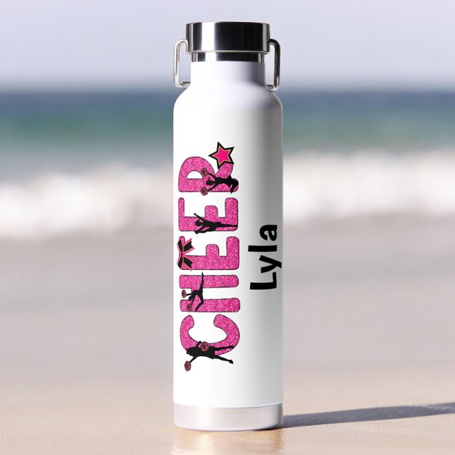 Cheerleader Cheer Pink Glitter Personalized Water Bottle (Creator Uploaded)