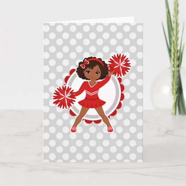 Red Cheer Card Cheerleader - Cute Red African American Cheer Card | Zazzle