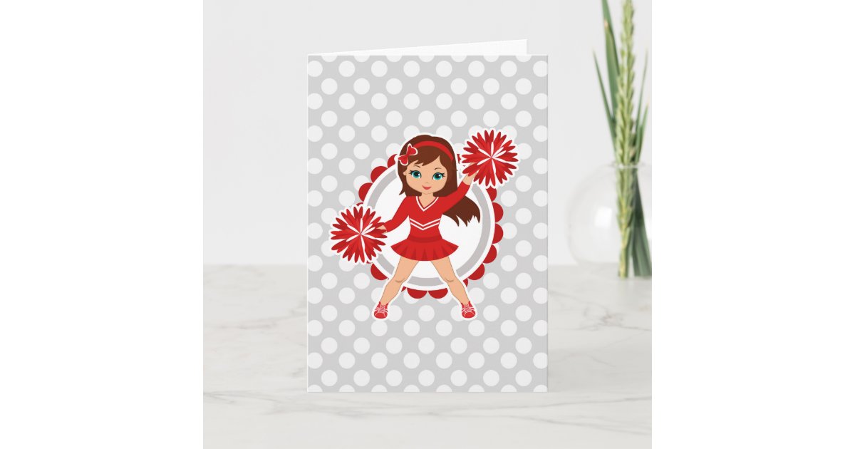 Red Cheer Card Cheerleader - Cute Red Brunette Cheer Card | Zazzle