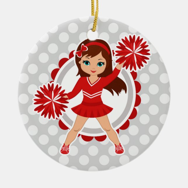 Cheerleader - Cute Red Brunette Cheer Ceramic Ornament (Front)