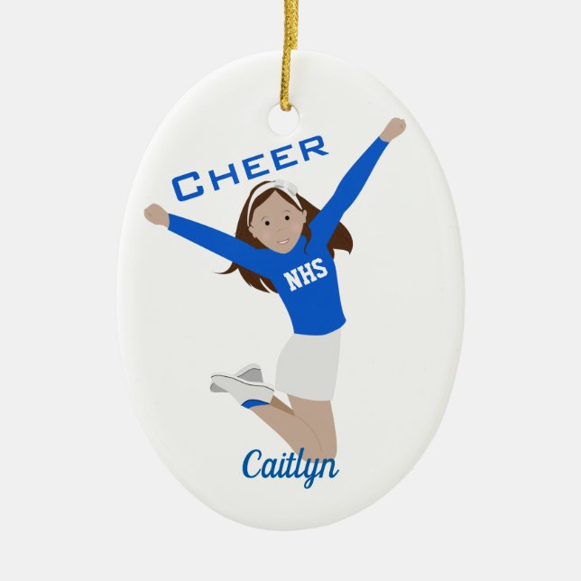 Cheerleader Dark Brunette Blue & White Ceramic Ornament (Front)