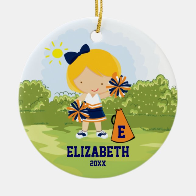 Cheerleader Girl Christmas Ornament Blue Orange (Front)