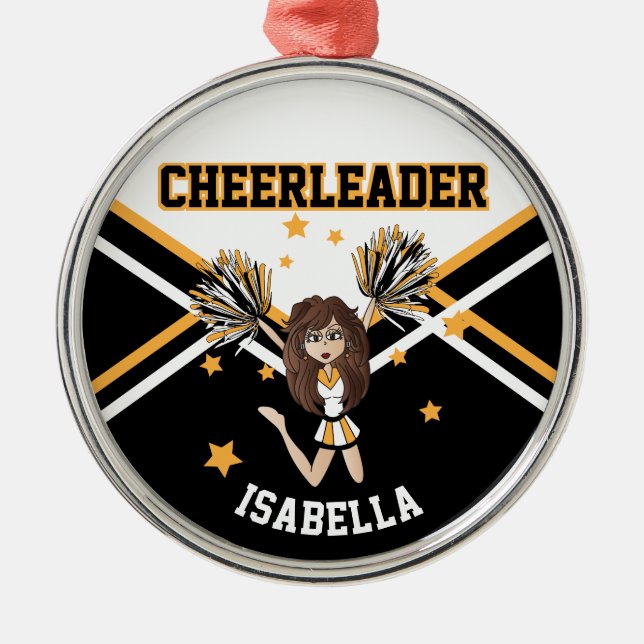 Cheerleader 📣💖 Girl - White, Black and Gold Metal Ornament (Front)