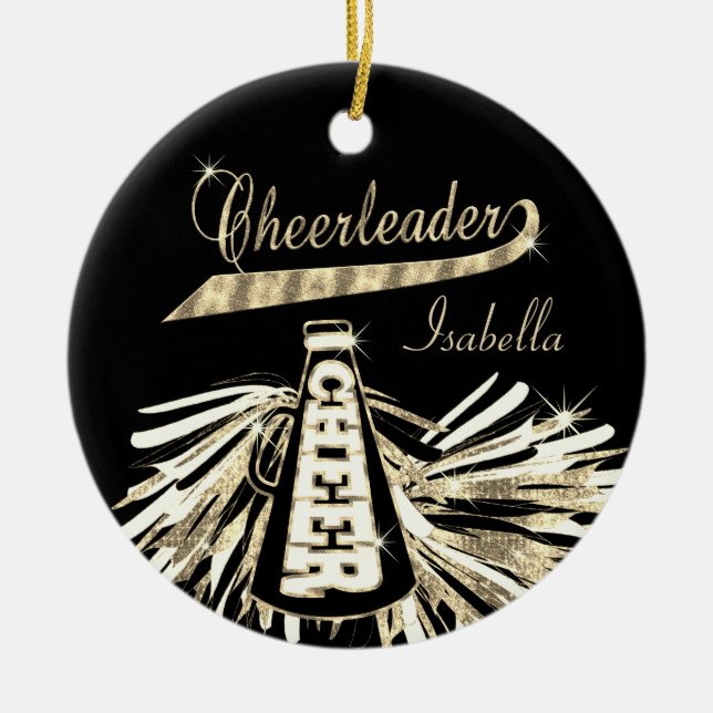Cheerleader 📣 💖 Glam- Black and Gold Ceramic Ornament (Front)