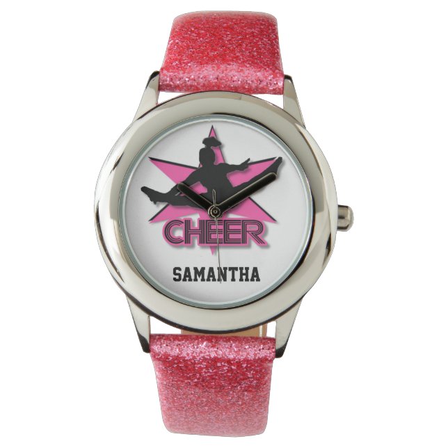 Cheerleader  glitter wrist watch in pink (Front)