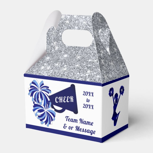 Cheerleader Goodie Bags. Personalized, Blue, White Favor Boxes (Front Side)