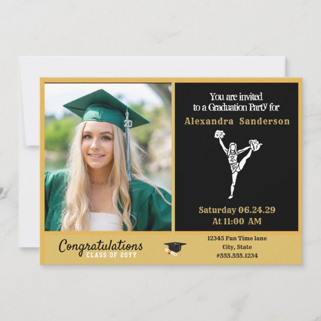 Cheerleader graduation Black and Gold Invitation (Front)