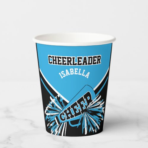 Cheerleader in Blue Black and White Paper Cups