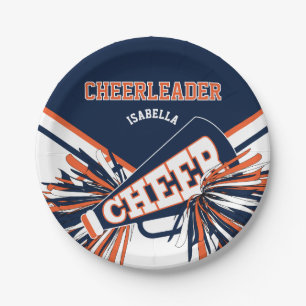 Cheerleader in Blue, Orange, White Paper Plates