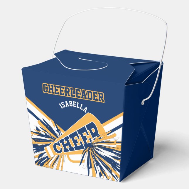 Cheerleader in Blue, White and Gold Favor Boxes (Front)