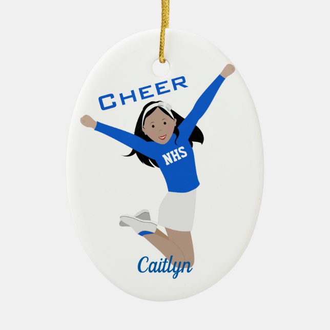 Cheerleader In Blue & White With Black Hair Ceramic Ornament (Front)