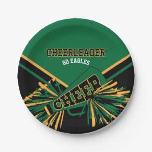 Cheerleader in Dark Green, Gold and Black Paper Plates