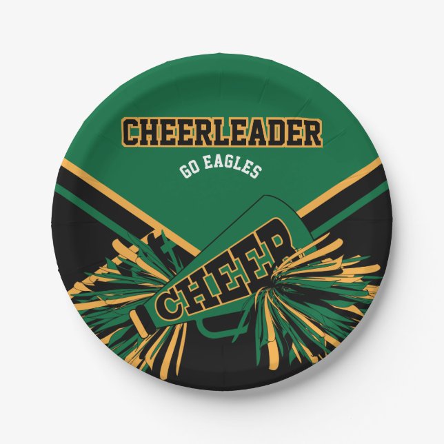 Cheerleader in Dark Green, Gold and Black Paper Plates (Front)