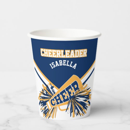 Cheerleader in Gold White and Blue Paper Cups