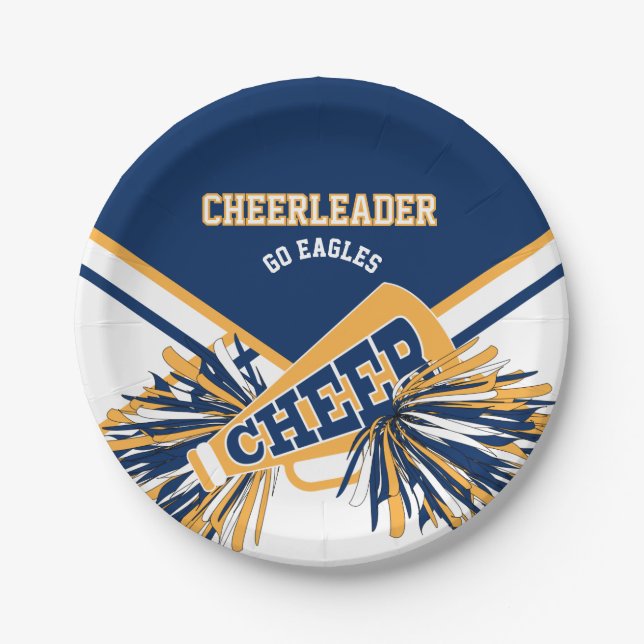 Cheerleader in Gold, White and Blue Paper Plates (Front)